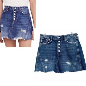 Free People Harvey Blue Denim Mini Jean Skirt 29" Cotton Distressed Raw Hem